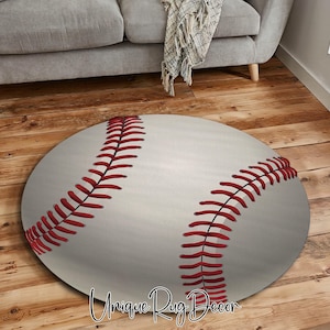 Baseball Ball Shape Non-Slip Floor Area Round Rug, Sport Mat, Baseball Decor, Play Room Carpet