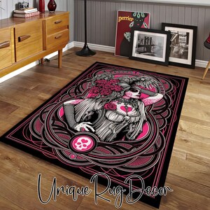 Sugar Skull Make Up Themed Non-Slip Floor Area Rug, Gothic Decor, Calavera Symbol Carpet, Gothic Girl Room Mat