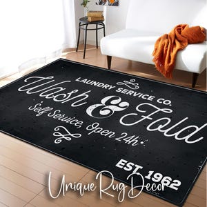 Wash and Fold Texted Retro Style Abstract Laundry Rug, Minimalist Laundry Room Decor