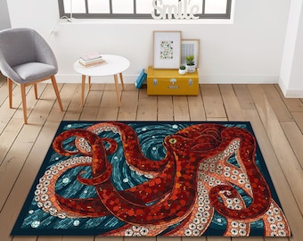 Octopus Rug | Mosaic Sea Design, Nautical Style Carpet