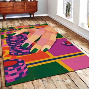 Tapijt casinoroulette, tapijt met gokthema, speelkamermat, kleurrijk casinodecor