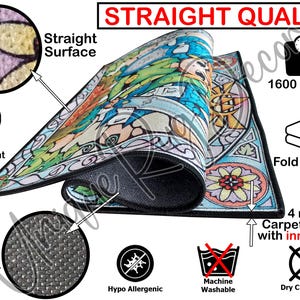 The image is a detailed technical diagram of a carpet, highlighting its features such as the straight surface, zero pile height, fold packing, 4 mm carpet height with inner foam, and hypoallergenic properties.