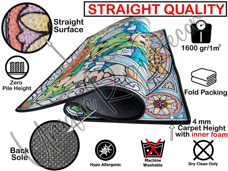 The image is a detailed technical diagram of a carpet, highlighting its features such as the straight surface, zero pile height, fold packing, 4 mm carpet height with inner foam, and hypoallergenic properties.