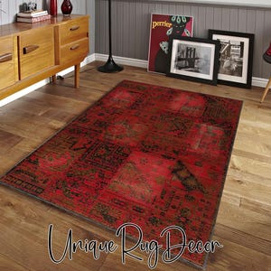Red Color Patchwork Themed Nonslip Decorative Living Room Carpet, Modern Home Decor