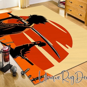 Samurai at Sunset Themed Cool Non-Slip Anime Rug, Manga Mat, Anime Decor