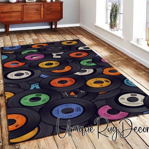 Retro Style Vinyl Record Patterned Music Rug, Nostalgic Decor, Musician Room Carpet, Home Decor