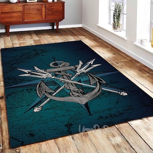 Sailor Anker Teppich, Ozeanteppich, Sea Decor, Kompass, Weltkartenteppich