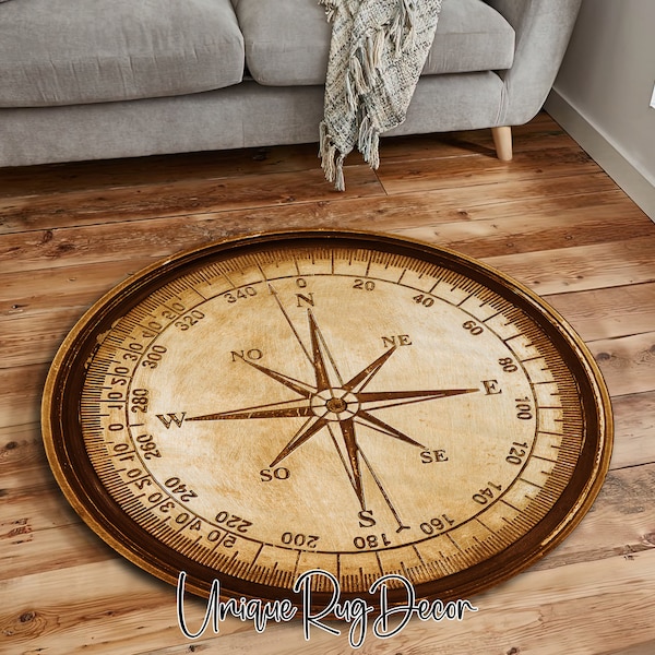 Retro Style Compass Rug, Real Looking  Compass Medallion, Entryway Carpet, Round Rug, Cool Office Decor, Nautical Mat