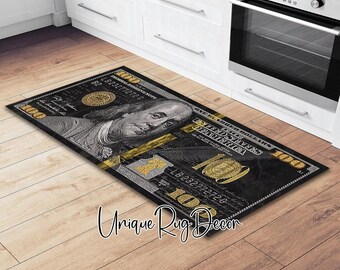 Benjamin Franklin Black and Gold 100 Dollar Bill Runner Rug