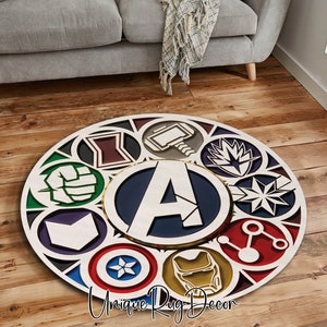 Avengers Superhero Logo Theme Children Room Non-Slip Round Rug, Super Hero Cartoon Mat, Marvel Kids Room Decor Gift