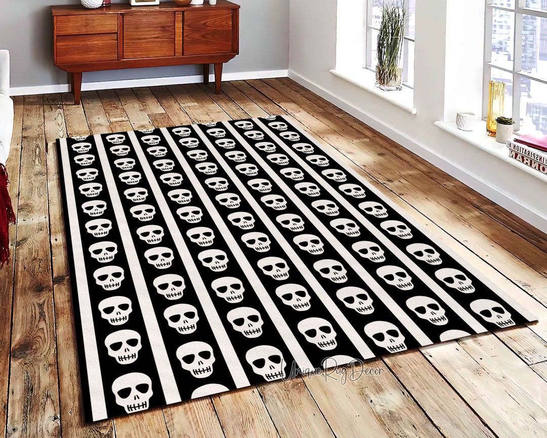 Wednesday Rug Skull Pattern Rug, Black and White Horror Carpet, Gothic Room Decor ...