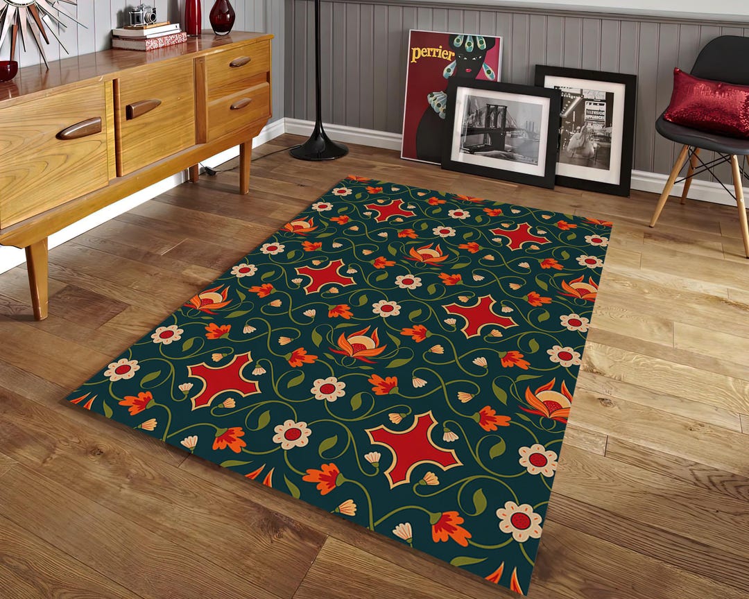 Boho Floral Rug: Colorful Pattern Carpet With Red Flower for Modern ...