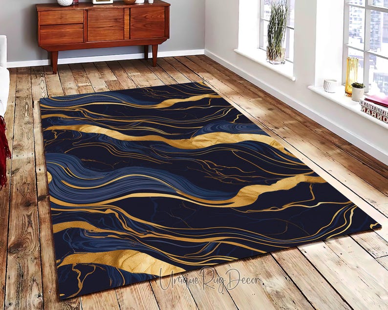 Navy Blue and Gold Abstract Rug: Modern Art Deco Carpet - Etsy