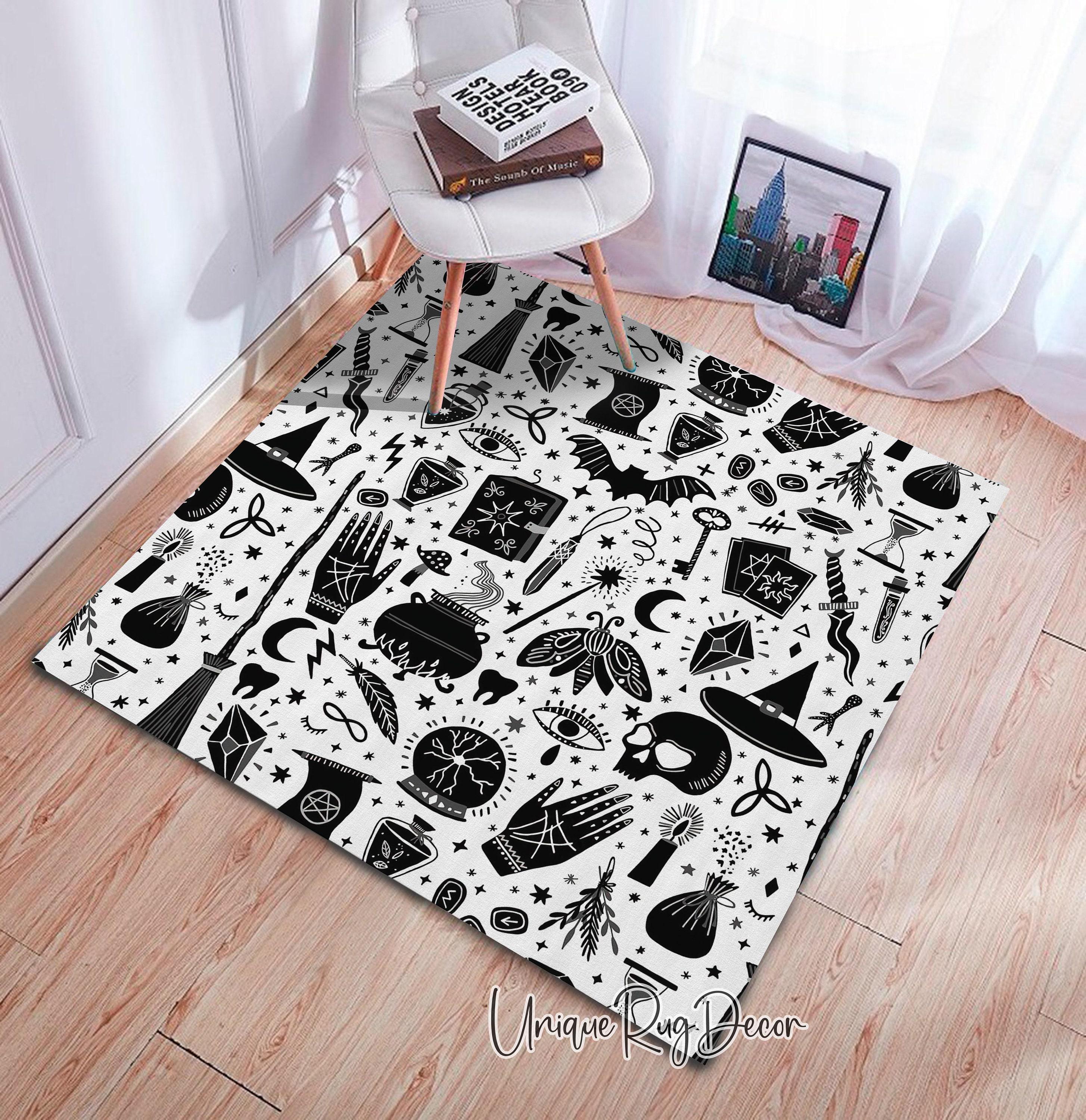 Witchcraft Rug: Black & White Halloween Decor, Skull Talisman Mat