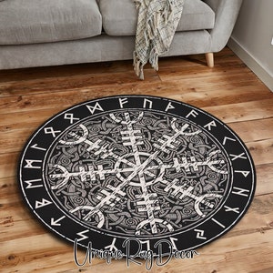 Viking Compass Helm of Awe Symbol Carpet, Non-Slip Mythological Epic Mat for Living Room, Gothic Decor