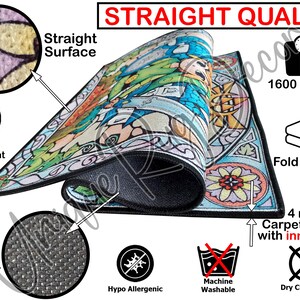 The image is a detailed technical diagram of a carpet, highlighting its features such as the straight surface, zero pile height, fold packing, 4 mm carpet height with inner foam, and hypoallergenic properties.