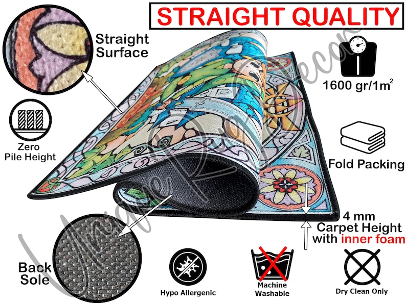 The image is a detailed technical diagram of a carpet, highlighting its features such as the straight surface, zero pile height, fold packing, 4 mm carpet height with inner foam, and hypoallergenic properties.