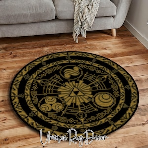 Zelda Round Rug: Black & Gold Gaming Room Carpet