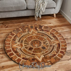 Ancient Mayan Symbol Compass Calendar Rug, Non-Slip Ethnic Round Floor Mat, Tribal Decor