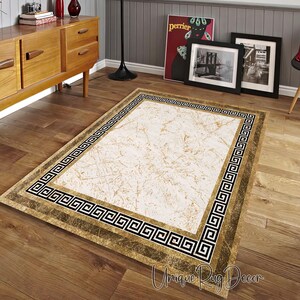Marble Patterned Rug, Greek Key Symbol Carpet, Living Room Mat, Retro Style Modern Rug, Luxury Home Decor