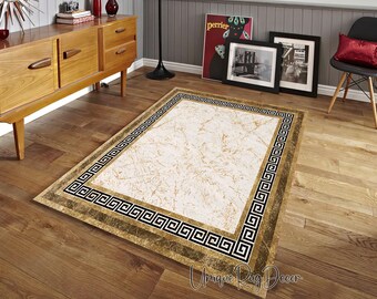 Marble Patterned Rug: Greek Key Border, Retro Modern Style
