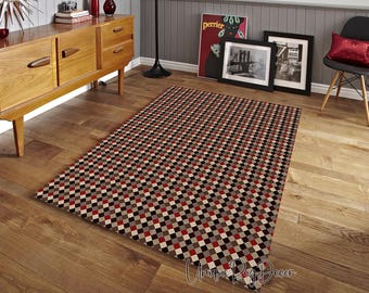 Geometrisch vloerkleed, tapijt in mid-century modern stijl, geruite mat, retro diamantdecoratie