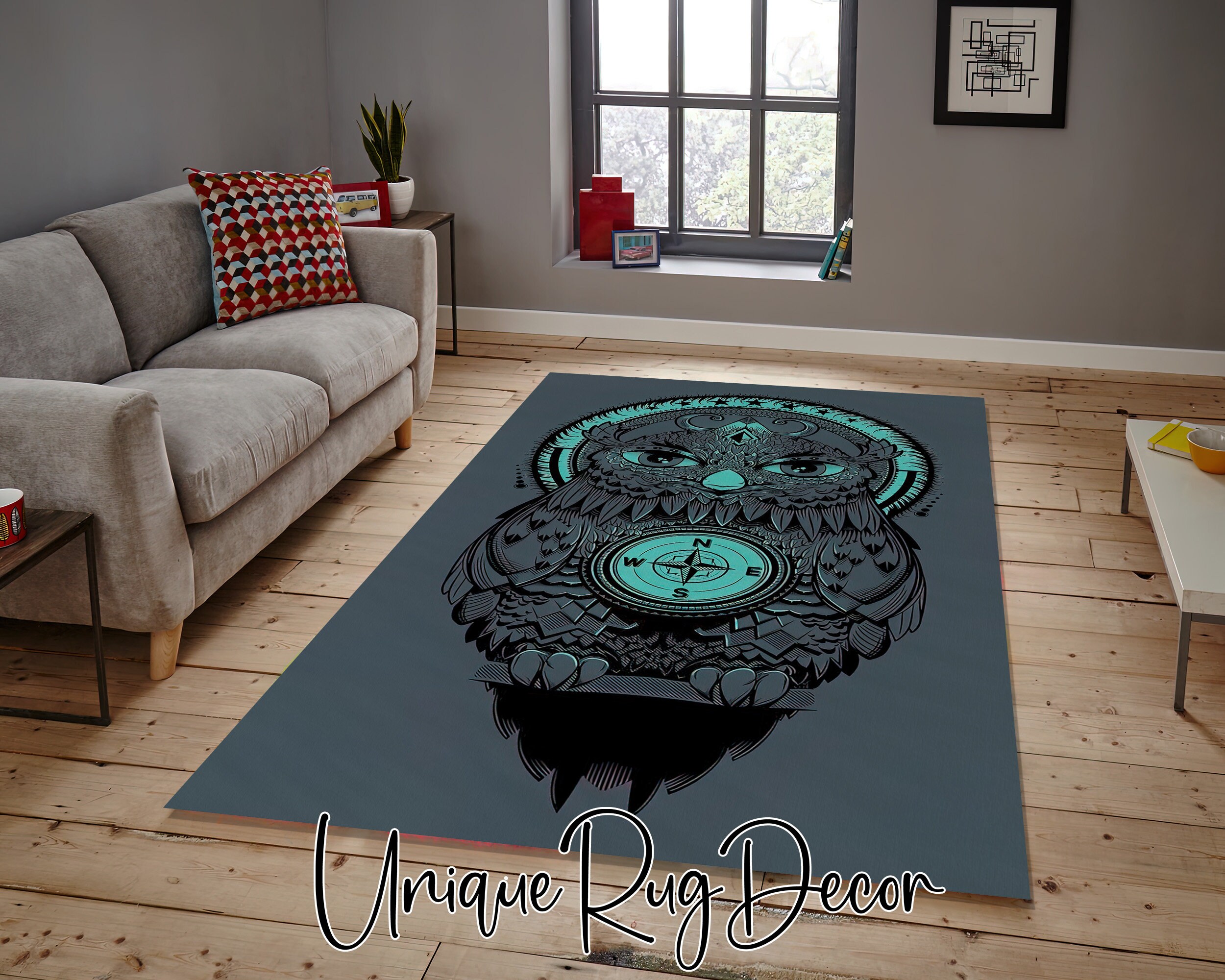 Turquoise Color Owl Themed Decorative Living Room Kitchen Carpet, Compass Decor, Nonslip Area Animal