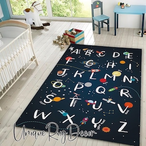 Navy Space ABC Rug: Kids' Alphabet Carpet, Nursery Decor