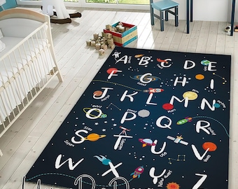 Navy Space ABC Rug: Kids' Alphabet Carpet, Nursery Decor