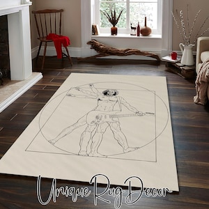 Da Vinci Art Themed Musician Room Rug, Music Decor for Rock Fan, Funny Carpet, Guitar Rug