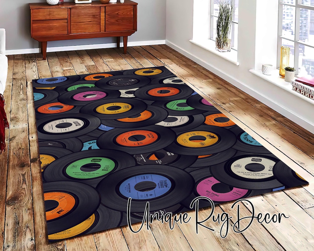 Retro Style Vinyl Record Patterned Music Rug, Nostalgic Decor, Musician ...