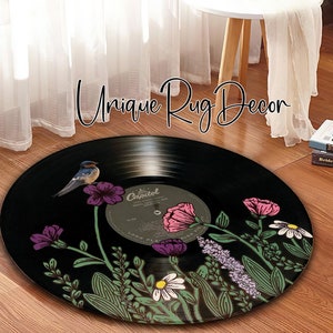 Decorative Floral Pattern Non-Slip Round Record Rug for Teenage Music Room, Personalized Record Decor
