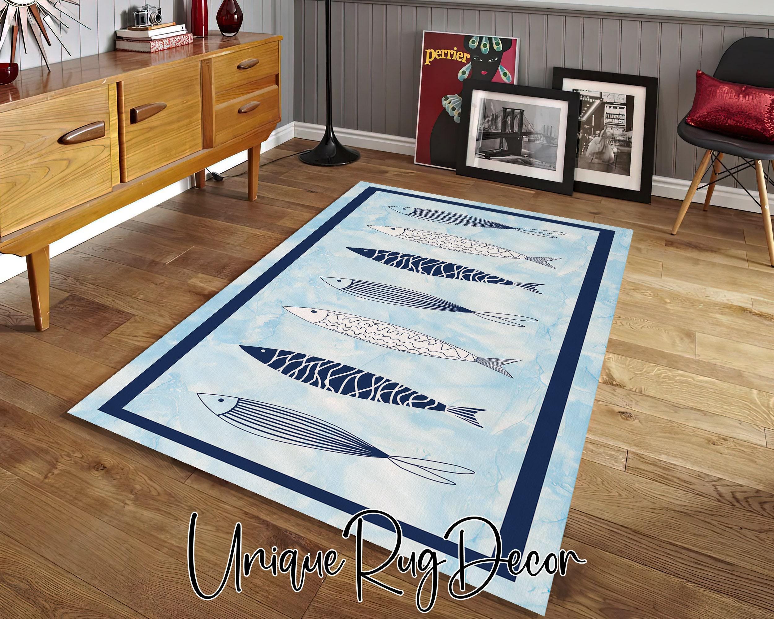 Fish Themed Kitchen Runner Rug: Blue Abstract Entryway Carpet - Etsy