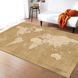 Tapis carte du monde, tapis de couleur crème, marron, tapis de bureau, décor nostalgique de carte du monde