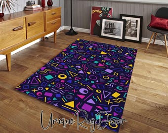 90s Arcade Themed Non-Slip Retro Rug, Gamer Room Carpet, Colorful Geometric Gaming Mat