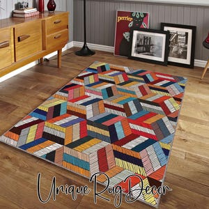 Colorful Geometric Cubes Themed Decorative Mandala Rug for Living Room, Bedroom, Kitchen, Dining Room, Home Decor