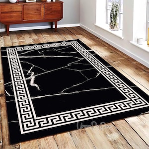 Marble Motif Modern Rug, Greek Key Carpet, Black and White Modern Rug, Living Room Mat