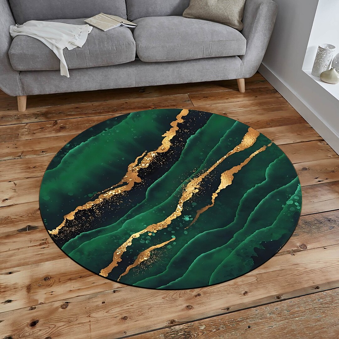 Emerald Green Rug Green Marble Round Rug Cirycle Rug Gold Etsy