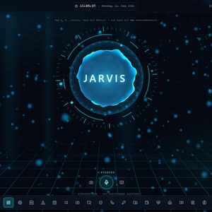 May include: A digital interface featuring a dark blue background with a central glowing orb containing the text JARVIS. The display includes a grid floor, floating light particles, a top status bar with time and date, and a bottom navigation menu.