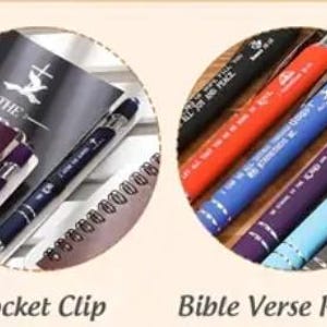May include: Close-up of a pen with a screen touch design, a pocket clip, bible verse printing, and smooth writing. The pen is silver with a green cap and orange accents.