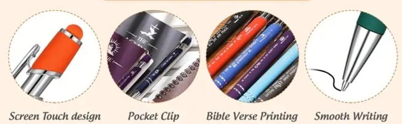 May include: Close-up of a pen with a screen touch design, a pocket clip, bible verse printing, and smooth writing. The pen is silver with a green cap and orange accents.