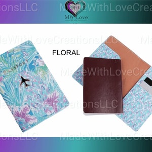 May include: A passport holder with a floral pattern in shades of blue, pink, and white. The holder has a pocket for a passport and a separate pocket for cards. The text "PASSPORT" is visible on the front of the holder.