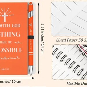 Colorful notepad that is 4×5 inches and matching colored pen with silvertone with Christian bible verses