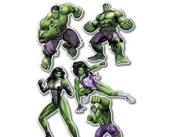 5 adesivi in vinile dei personaggi dei cartoni animati di Marvel's Hulk e She-Hulk, decalcomanie per laptop, riempitivi per sacchetti per feste