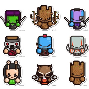 9 Marvel's Guardians of the Galaxy Cartoon Character Vinyl Sticker, Laptop Decals, Party Bag Filler