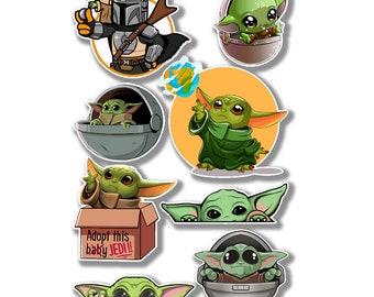 8 Assorted Starwars Baby Yoda/Grogu Cartoon Character Vinyl Sticker, Party bag filler