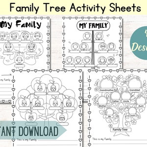 May include: Four printable black and white family tree activity sheets. The sheets feature different styles of family trees, including a traditional tree with branches, a tree with apples, and a simple tree with circles. The text "My Family" and "Family Tree" are included on the sheets.