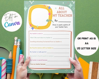 Teacher Appreciation Week Printable, All About My Teacher Survey, My Teacher Questionnaire, Teacher Appreciation Gift, Thank you Gift