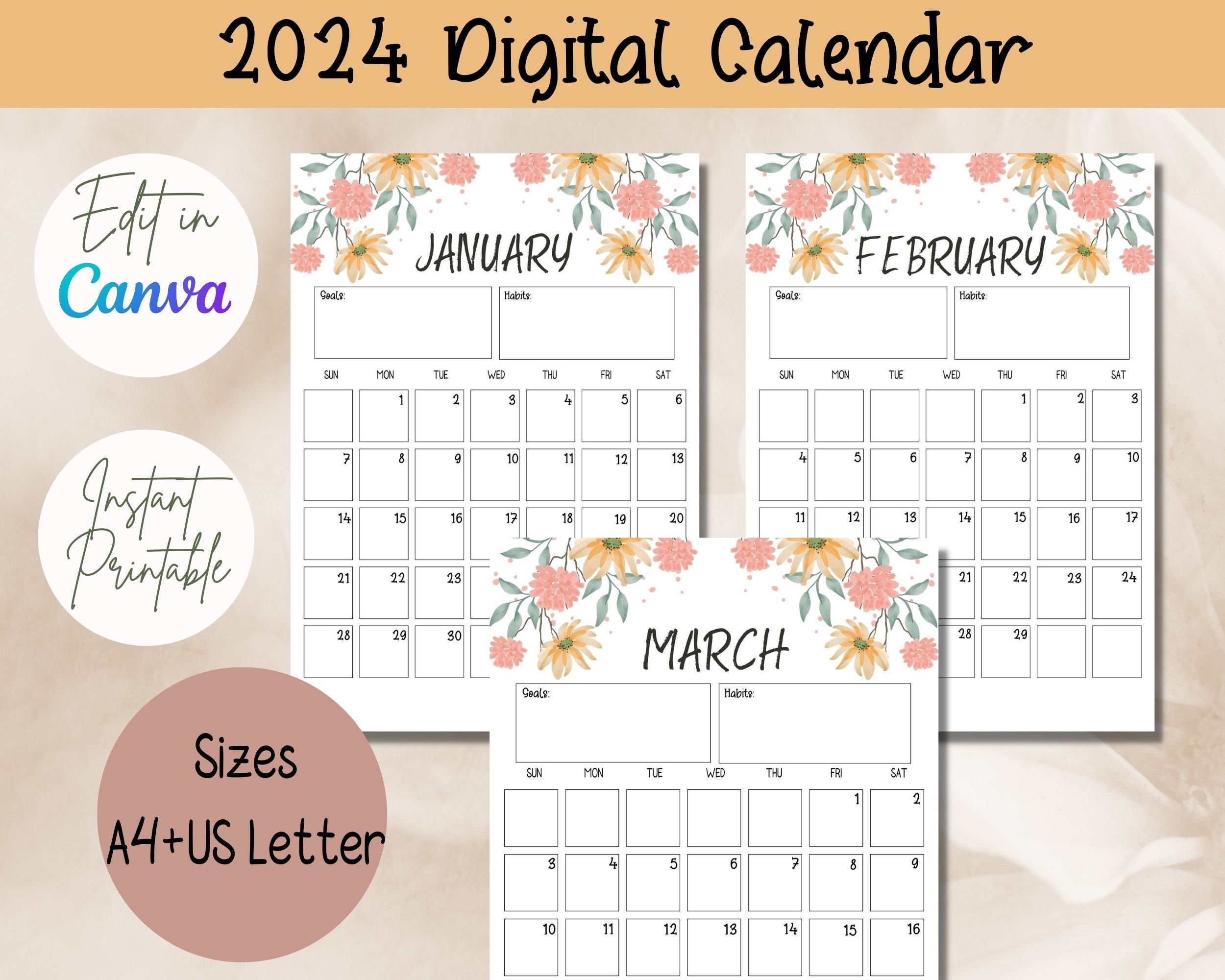 2024 Calendar Printable Planner, Editable Monthly Calendar Printable