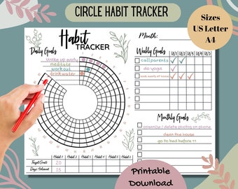 May include: Printable circle habit tracker with a black and white design. The tracker includes sections for daily, weekly, and monthly goals. The daily goals section features a circle divided into 51 sections for tracking habits. The weekly goals section has a checklist for five days of the week. The monthly goals section has a checklist for three goals. The tracker also includes a section for tracking progress with target goals and days achieved.